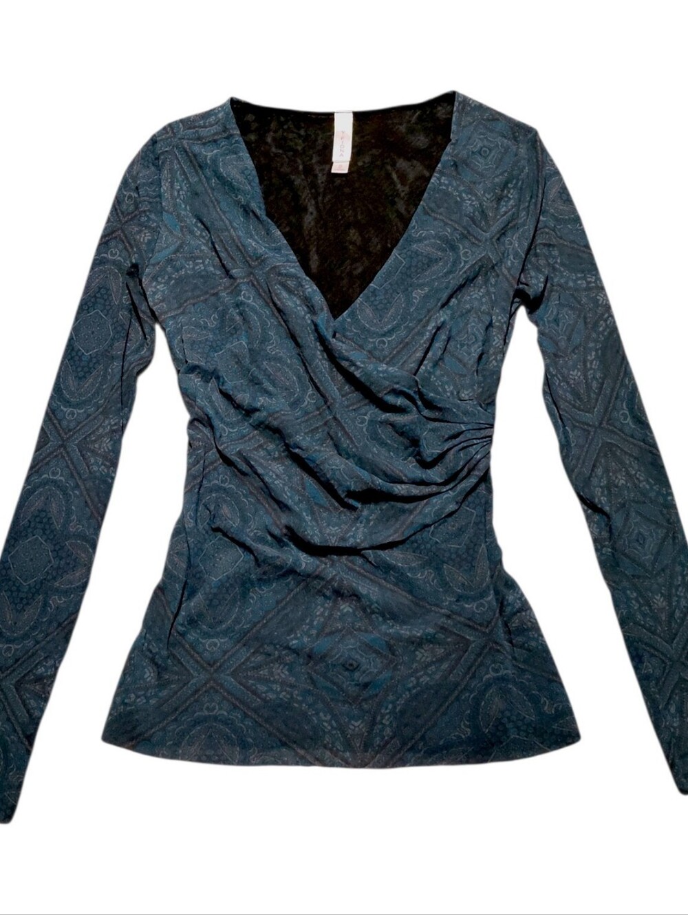 Lucy And Fiona Y2K blue paisley mesh long sleeve top with ruched detail